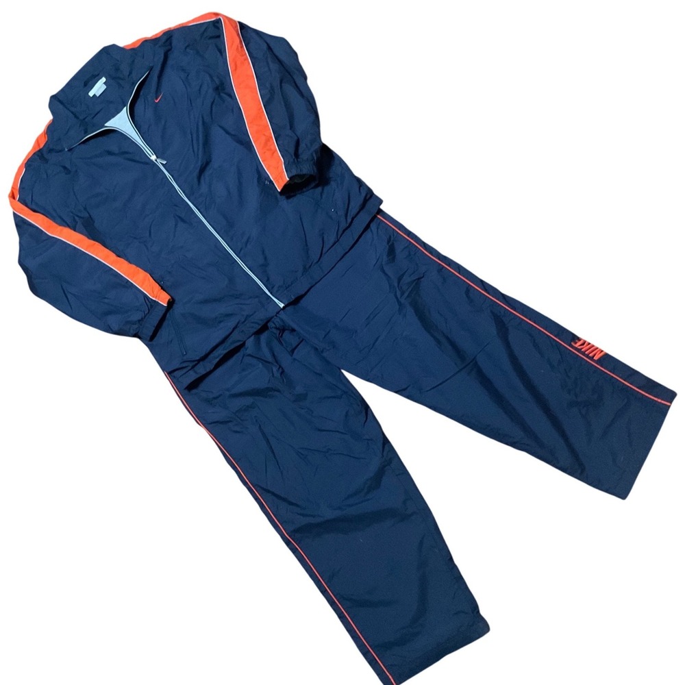 Vintage Nike Track Suit Navy Blue Orange Stripe Windbreaker Set Mens XL Y2K